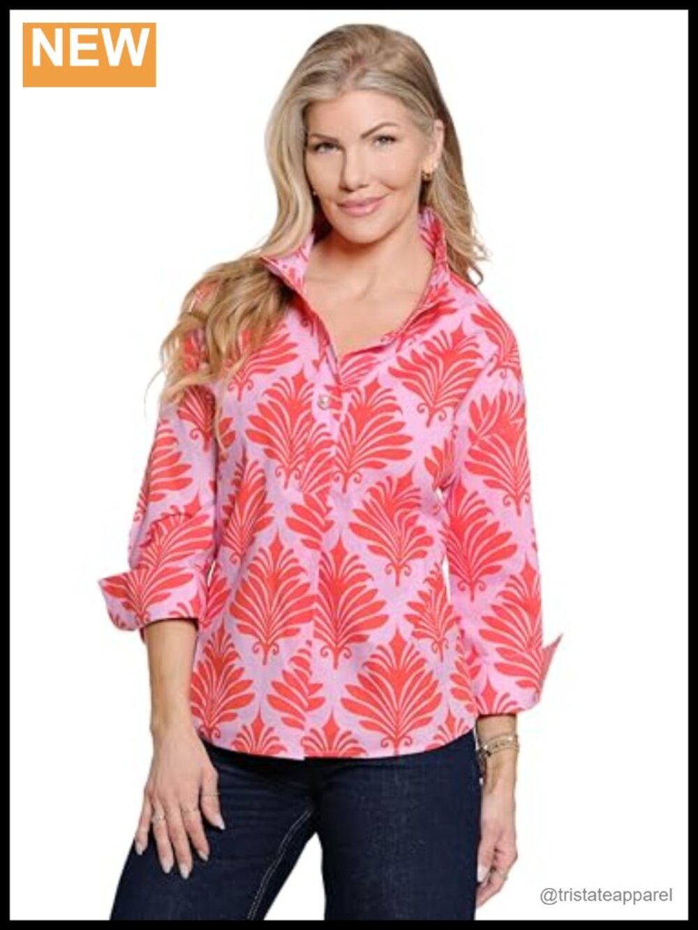 Women's Woven Popover Shirt with Pearl Button Wire Neck 3/4 Cuff Sleeves